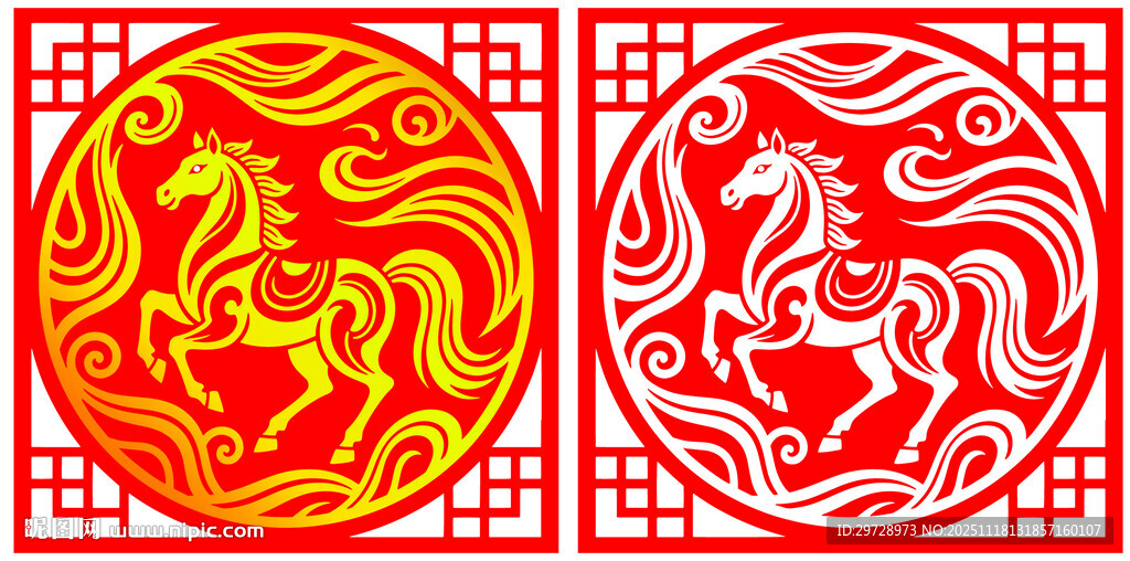 马年剪纸窗花矢量图