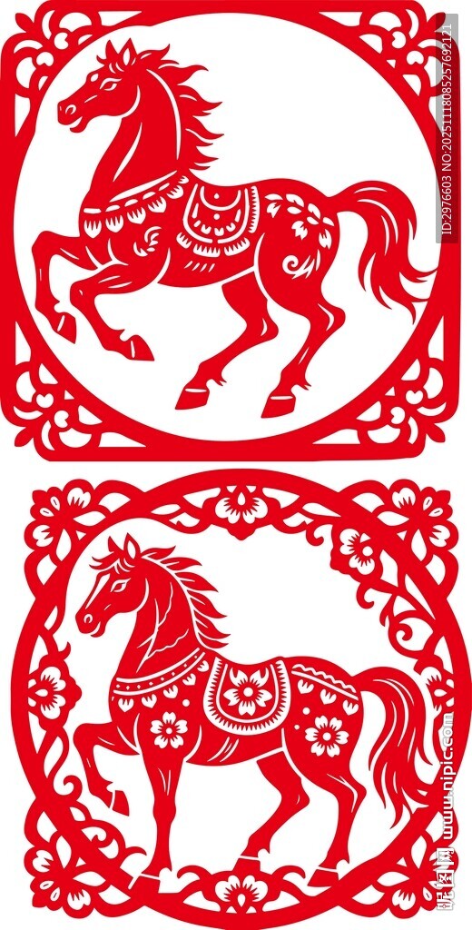 双幅红色剪纸奔腾骏马图