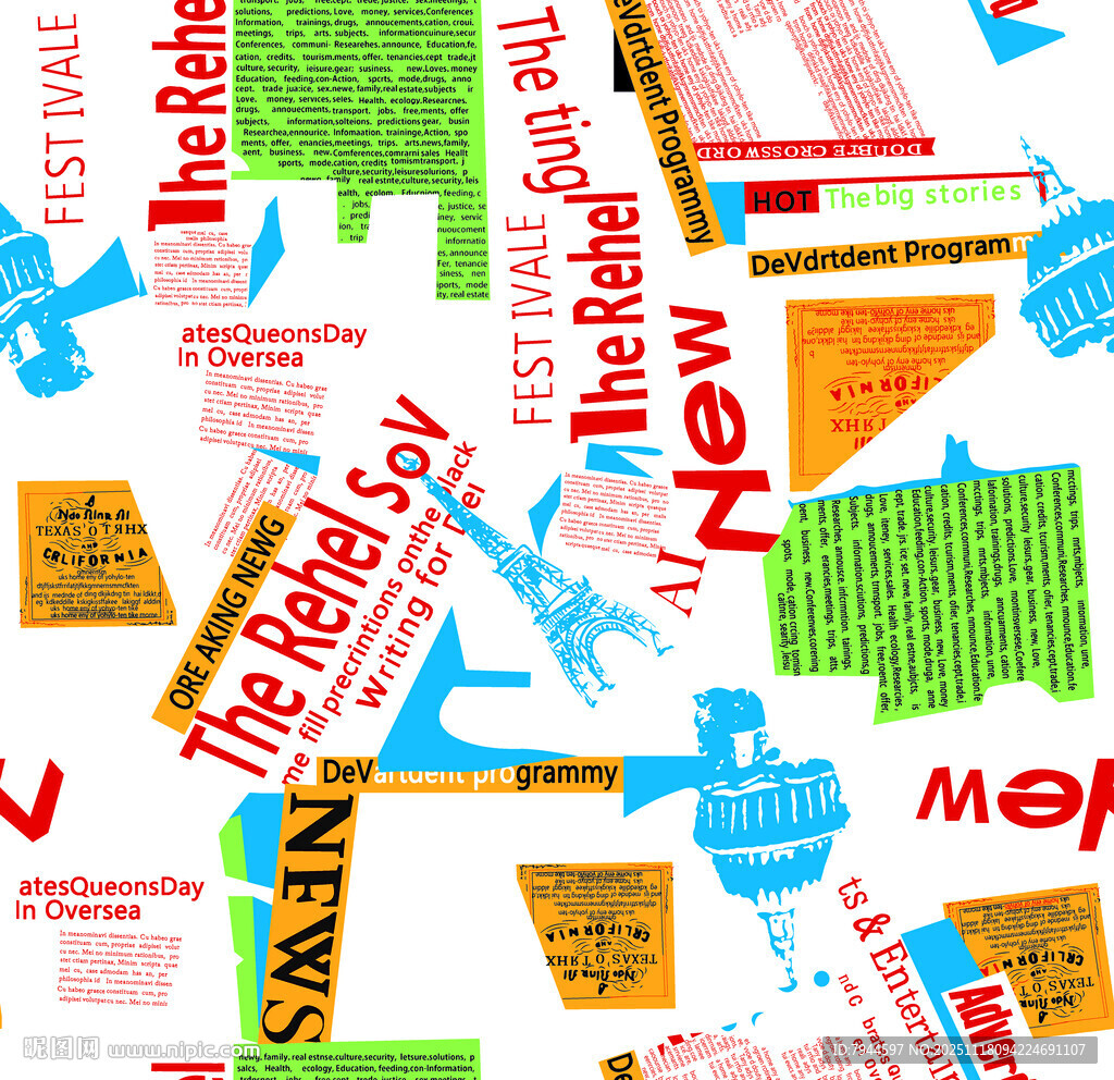 报纸碎片拼贴艺术画面