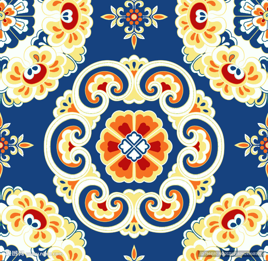 蓝色底花卉民族风图案