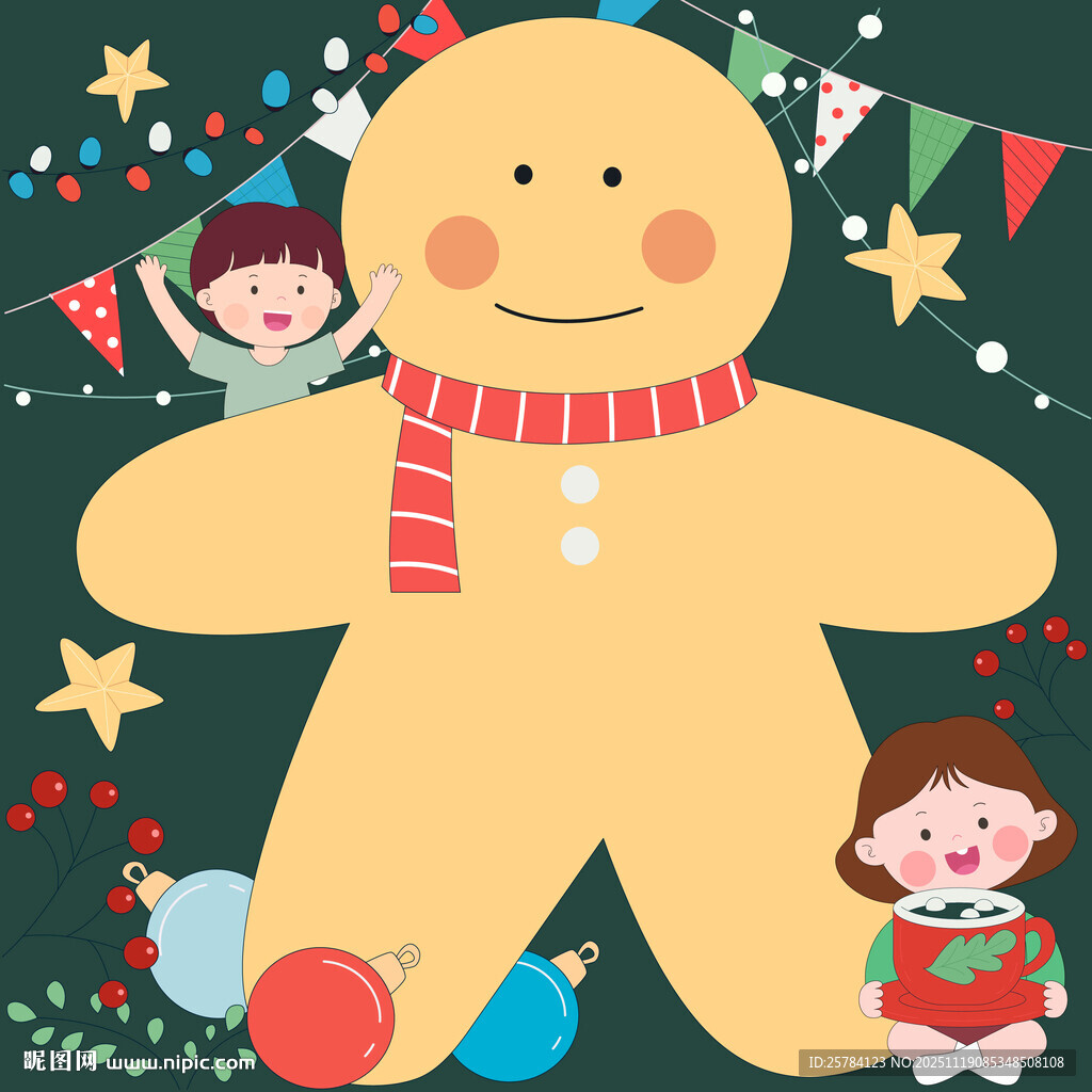 孩子开心庆祝圣诞节姜饼人彩带