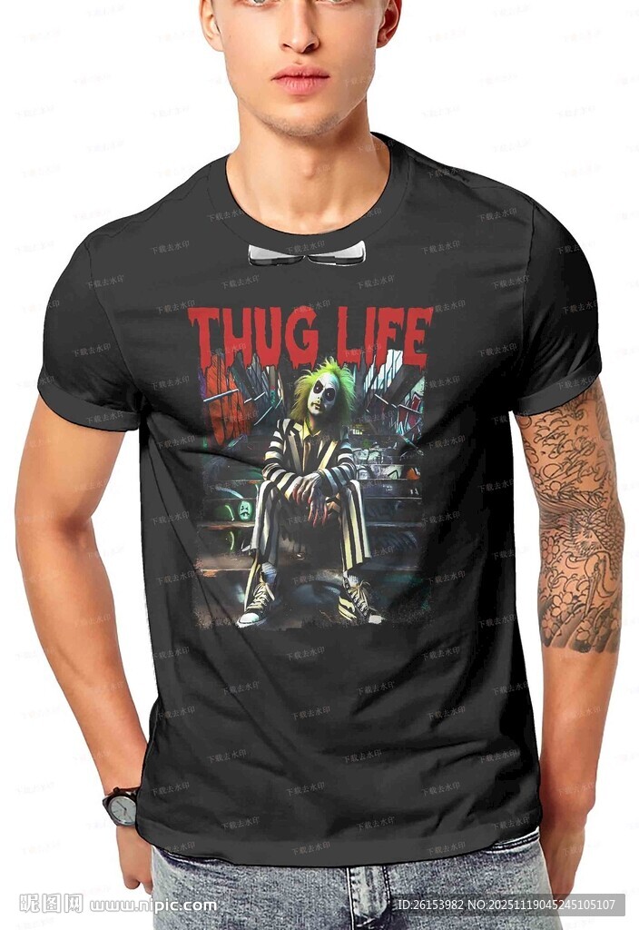 骷髅图案男士T恤白墨直喷烫画