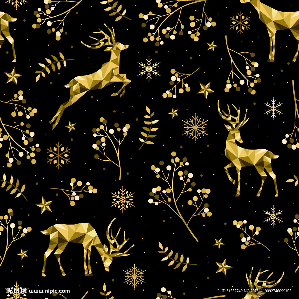黑金圣诞驯鹿雪花装饰图案