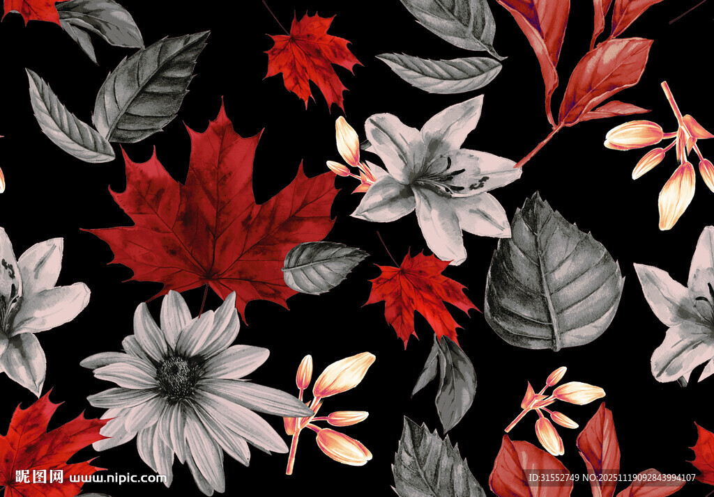 花卉枫叶黑色背景图案
