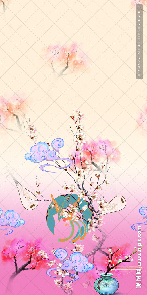 梦幻花卉蝴蝶插画图案