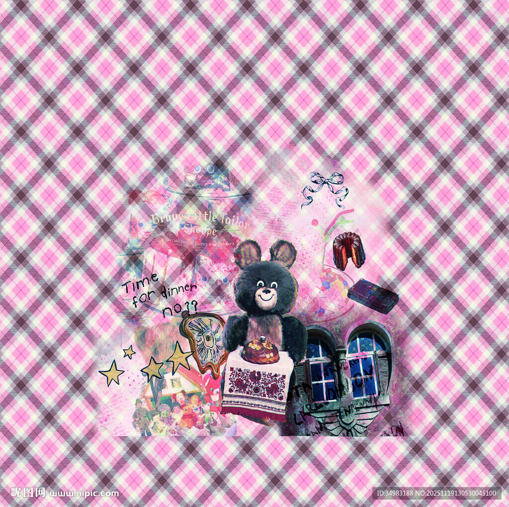 梦幻粉色系格子熊熊卡通元素拼贴