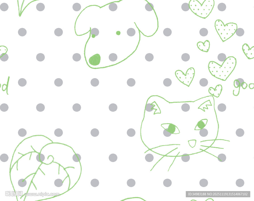清新圆点绿植可爱猫猫狗图案背景