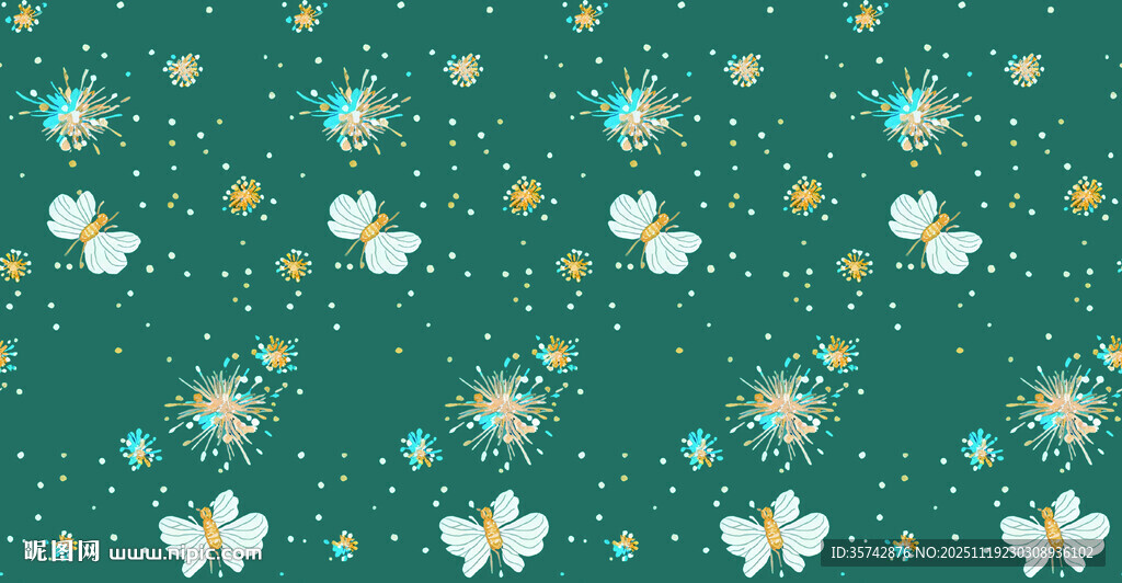 绿色底花卉蜜蜂图案背景