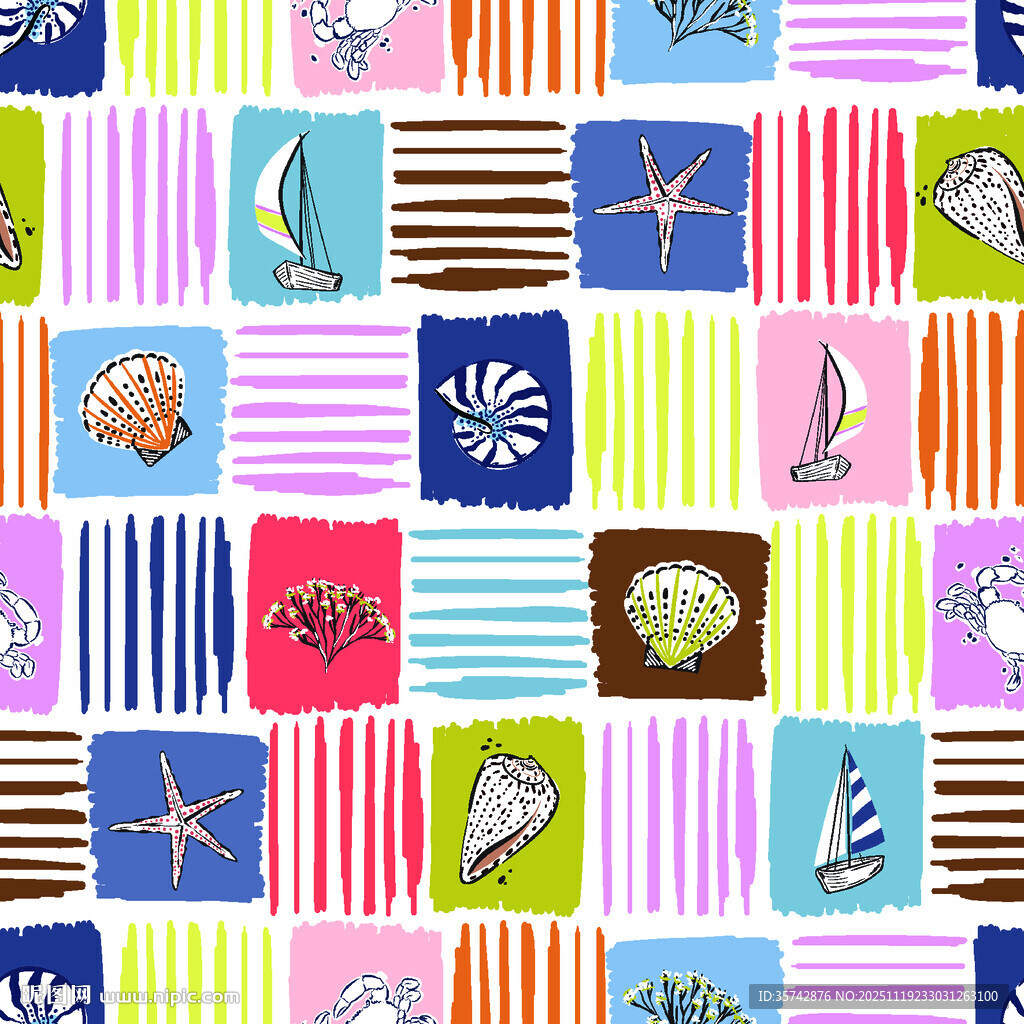 多彩海洋元素无缝拼接图案