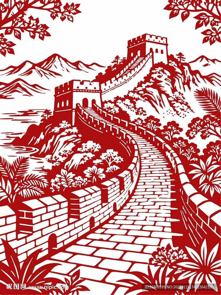 长城单色线条剪纸艺术作品展示