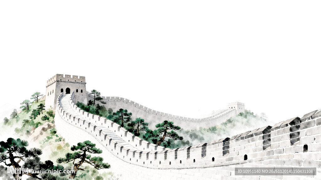 长城水墨水彩山水画