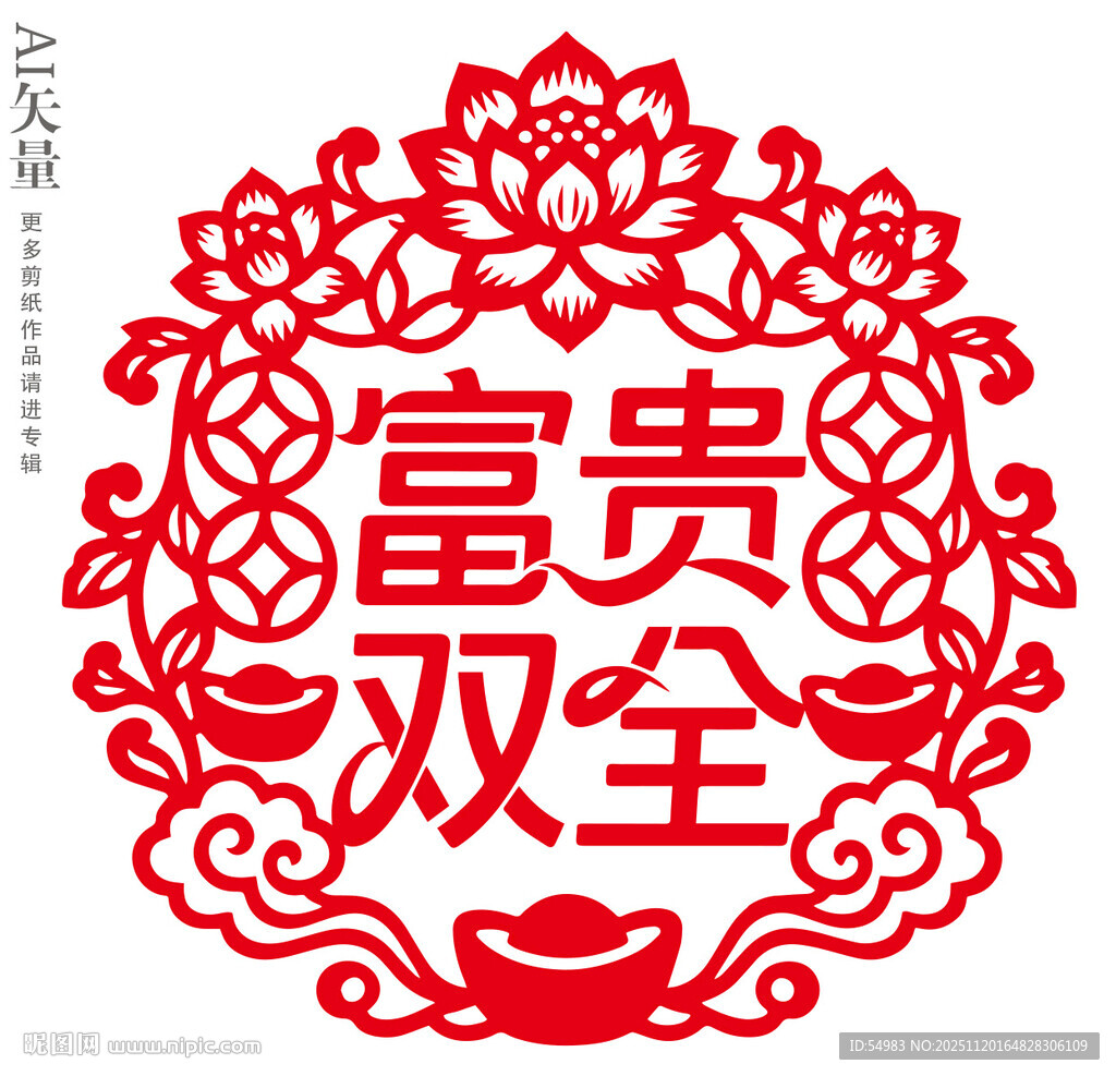 富贵双全剪纸新年窗花乔迁静电贴