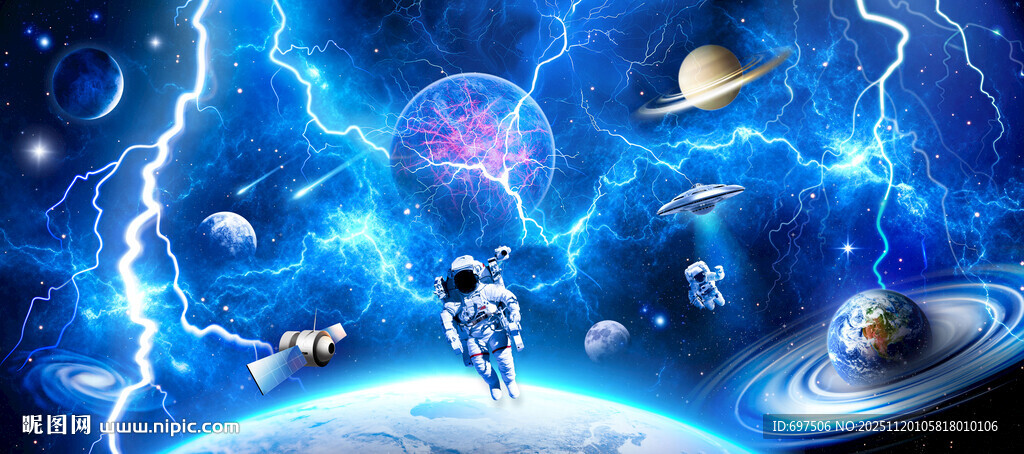 太空宇航员星球闪电雷电宇宙背景