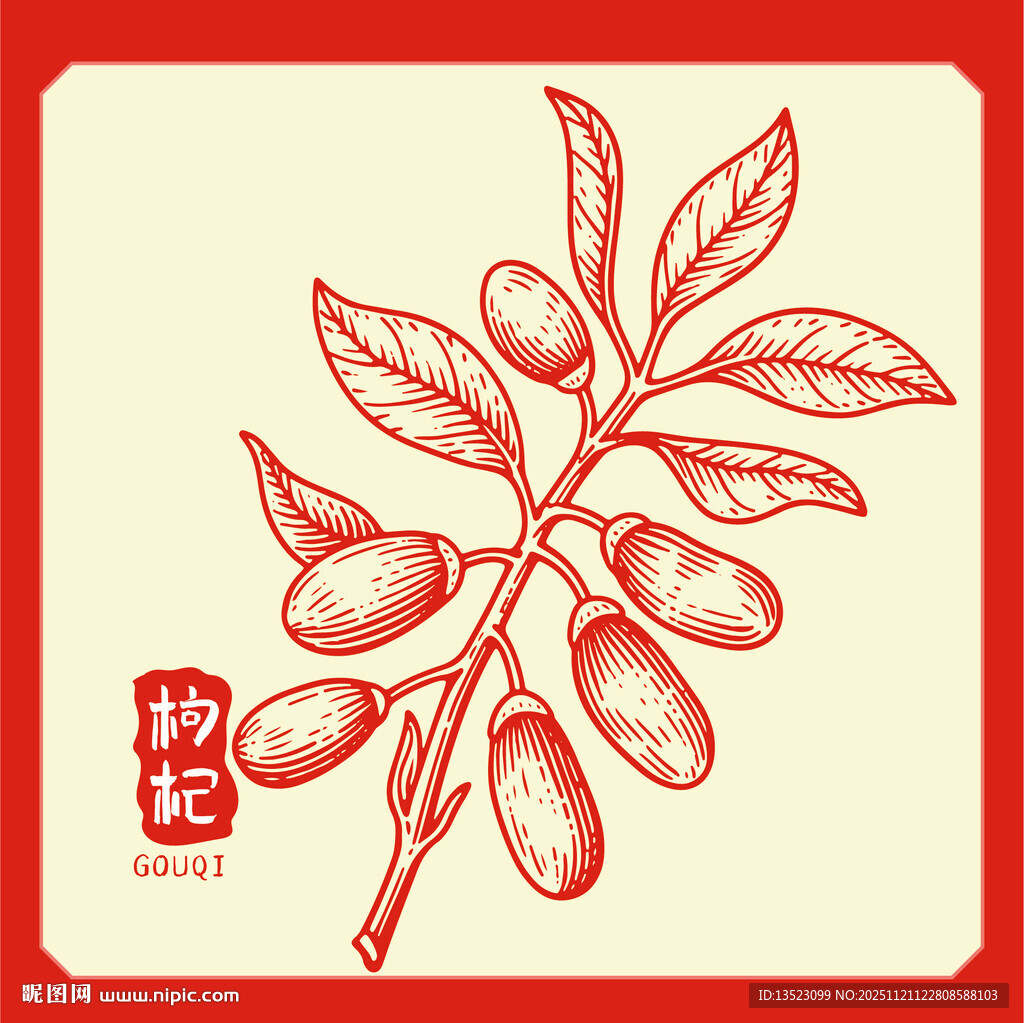 手绘枸杞枝图