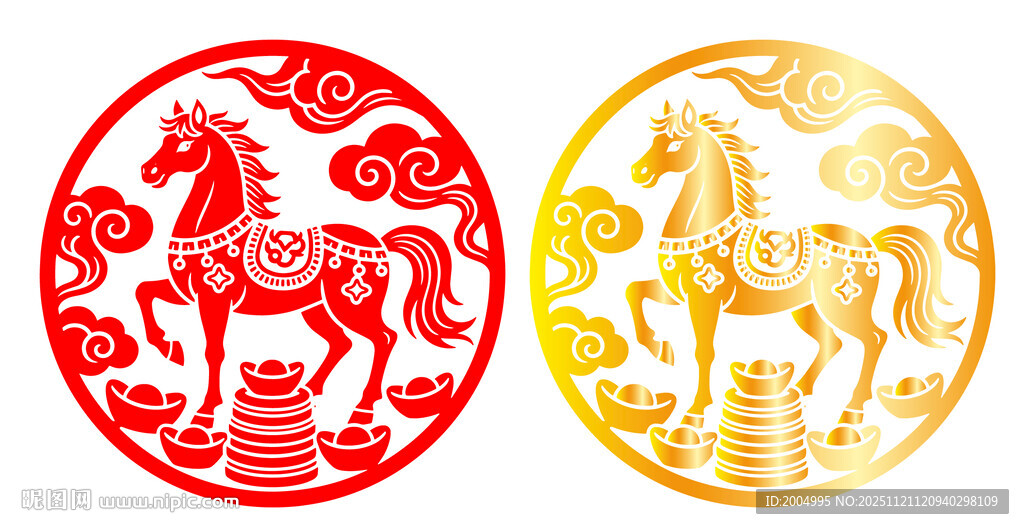 圆形红金色剪纸马窗花
