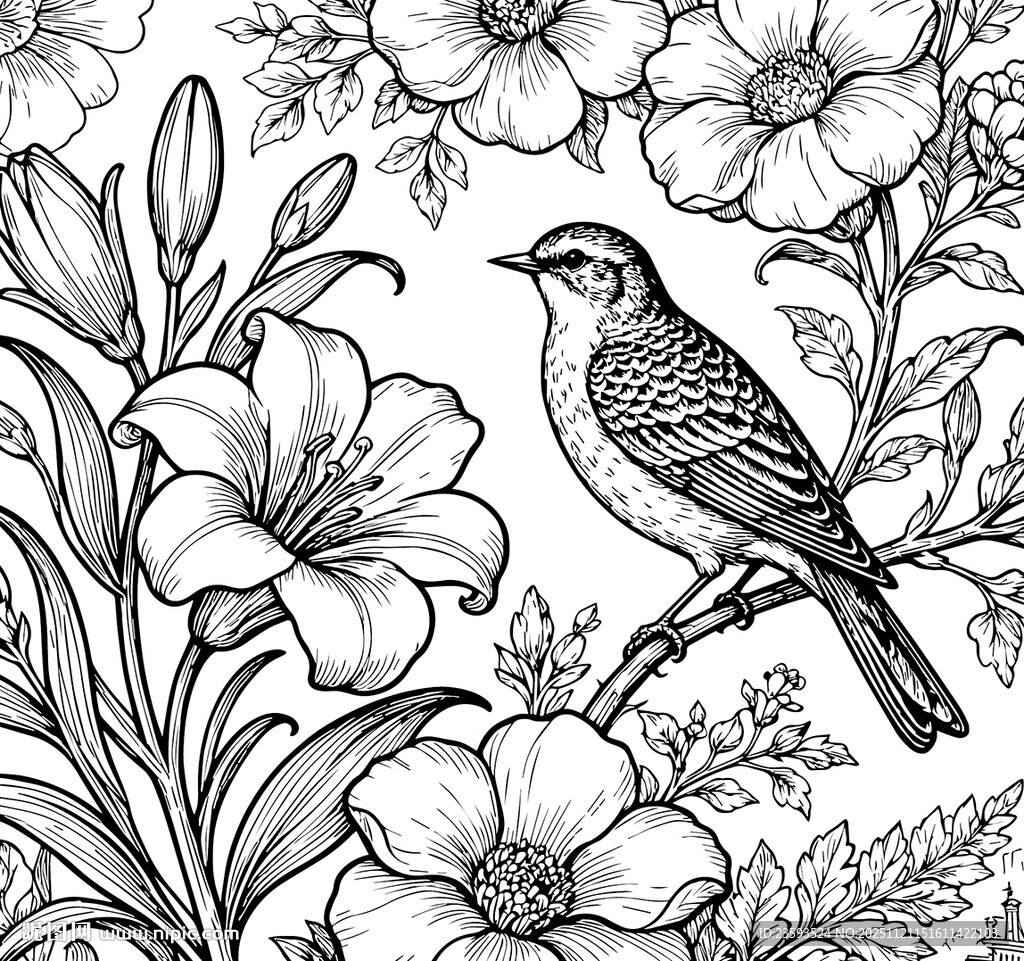 花鸟线描图 矢量图