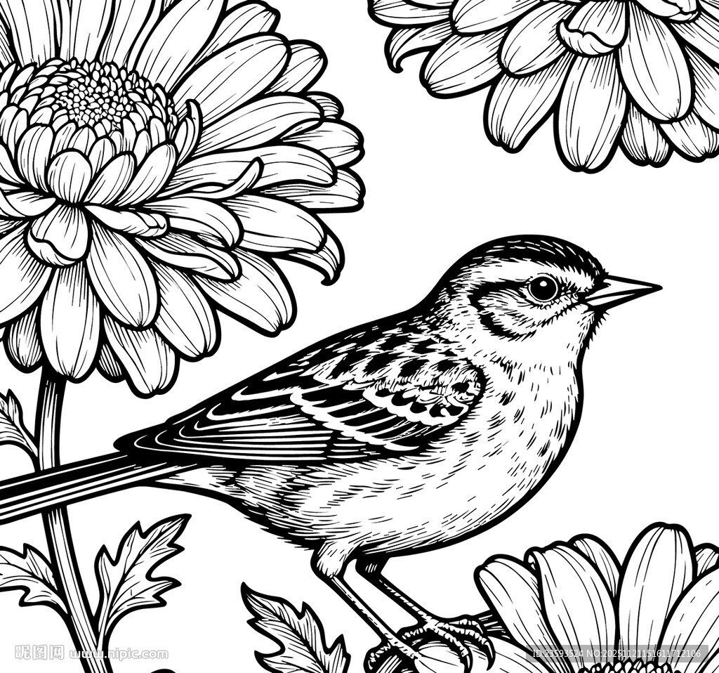 花鸟线描线稿图