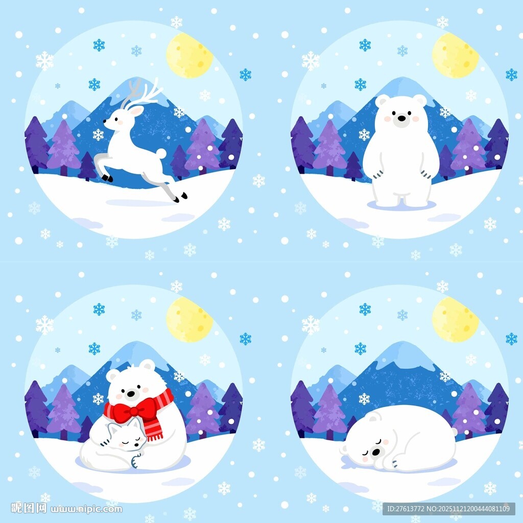 北极动物冬日雪景插画