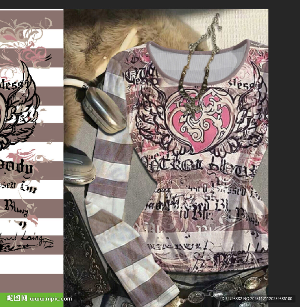 爱心图案女士条纹T恤