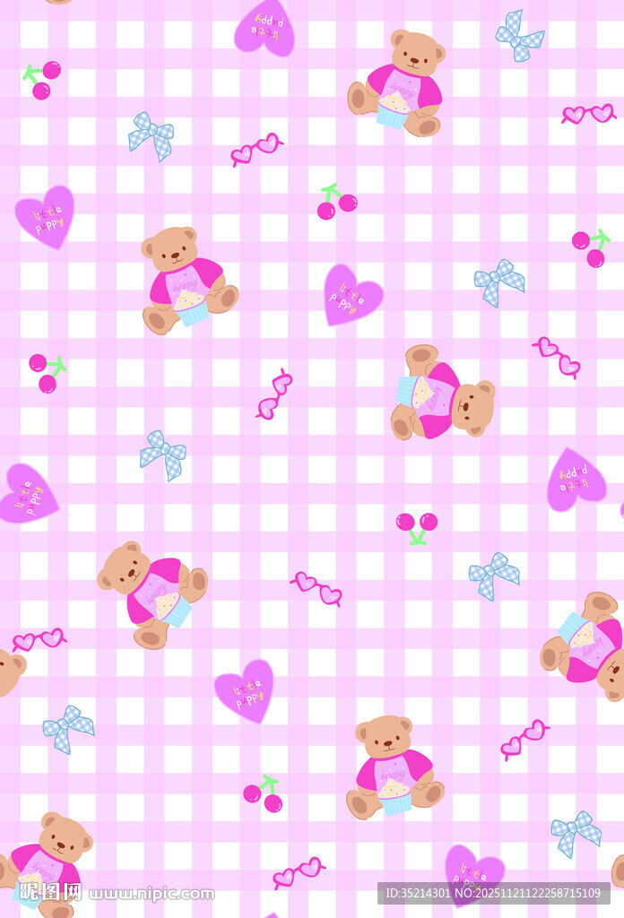 可爱小熊爱心格子图案