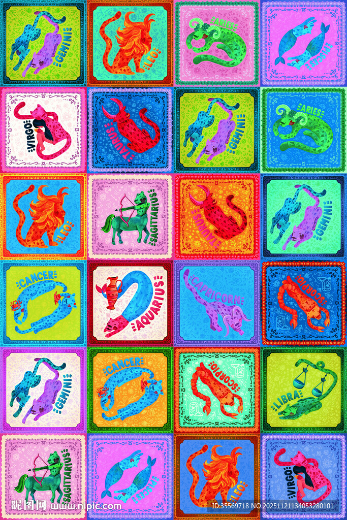 多彩动物图案的方块集合