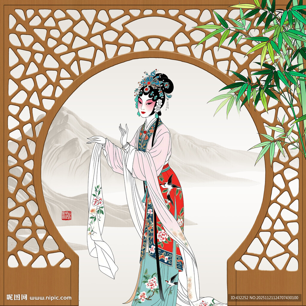 古典美人持扇倚窗而立