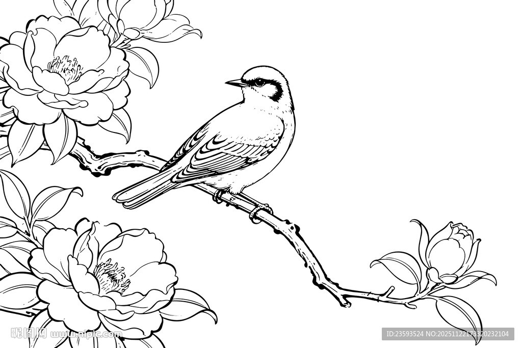 中式花鸟山水线稿图