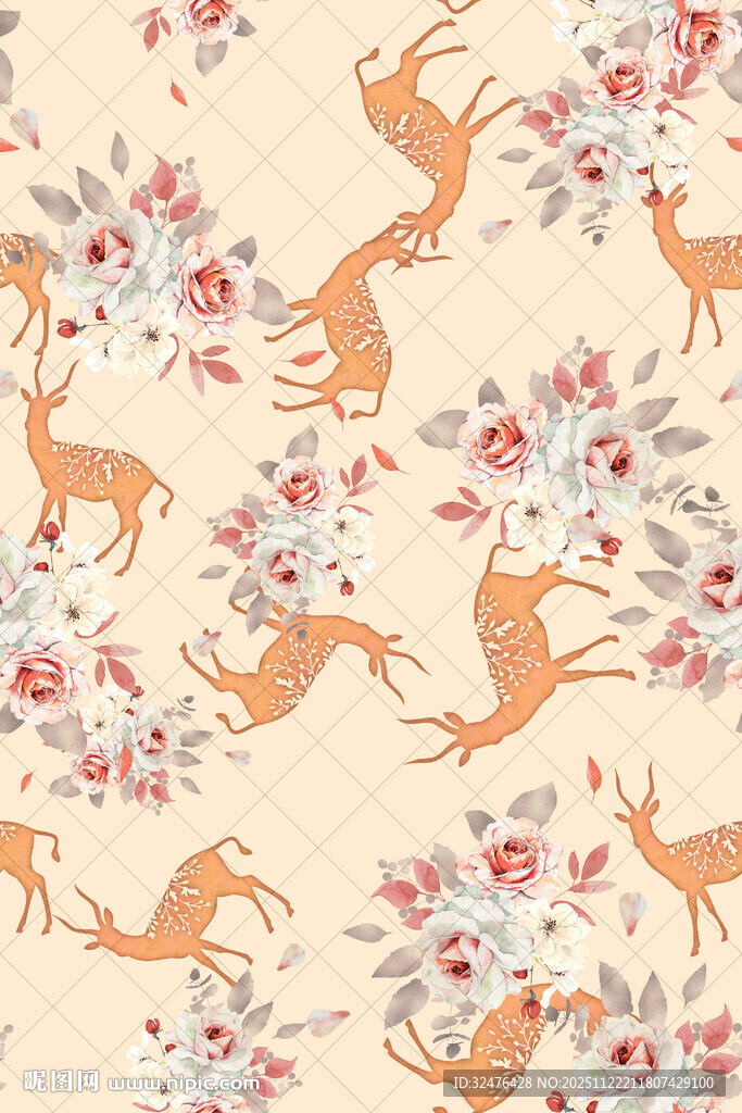 鹿与花卉图案的精美织物