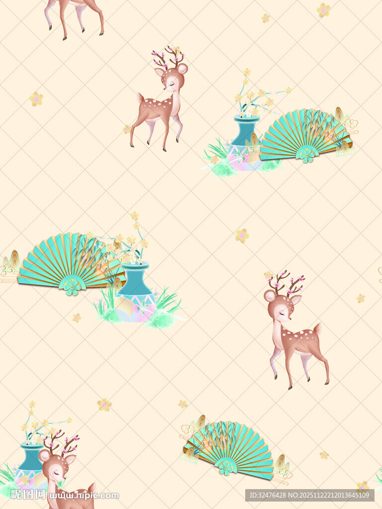 可爱小鹿与梦幻风景图案