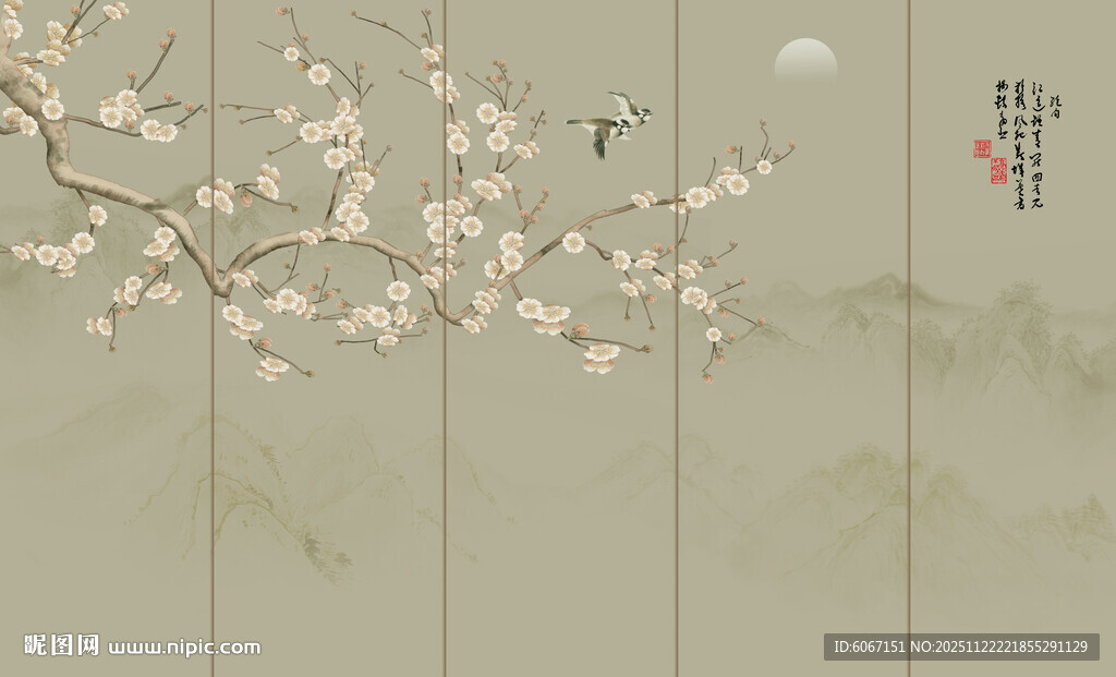 新中式工笔花鸟画背景墙