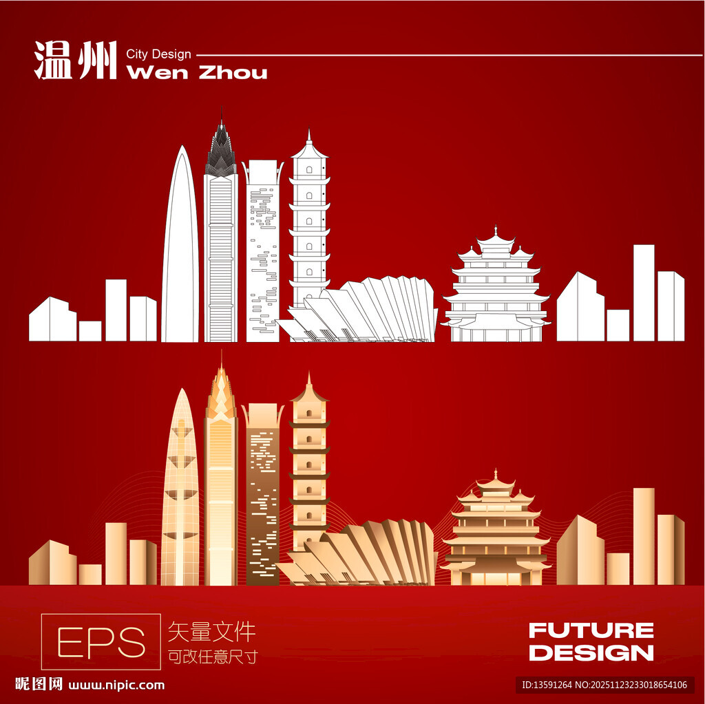温州城市地标建筑剪影天际线