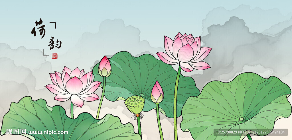 水墨荷塘荷花绽放