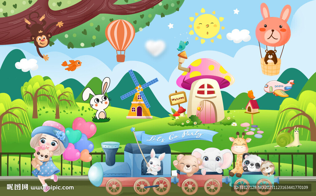 卡通动物乘小火车游乐园背景墙