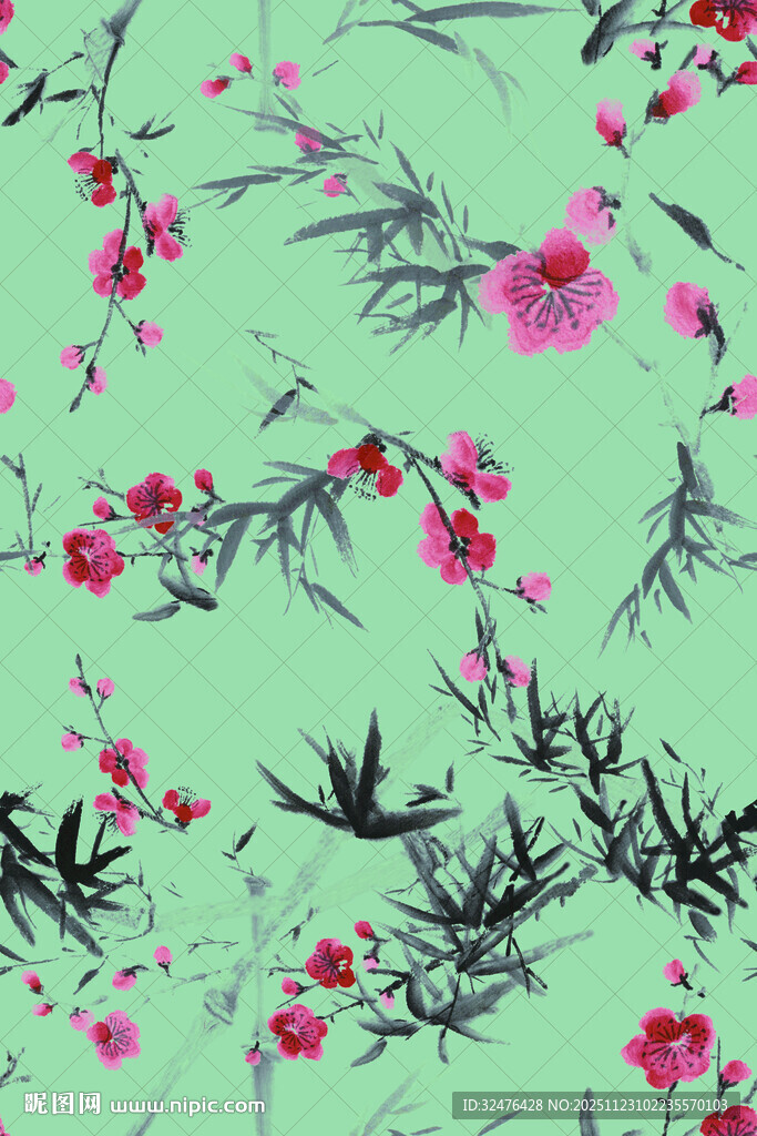 浅绿色底花卉竹叶图案