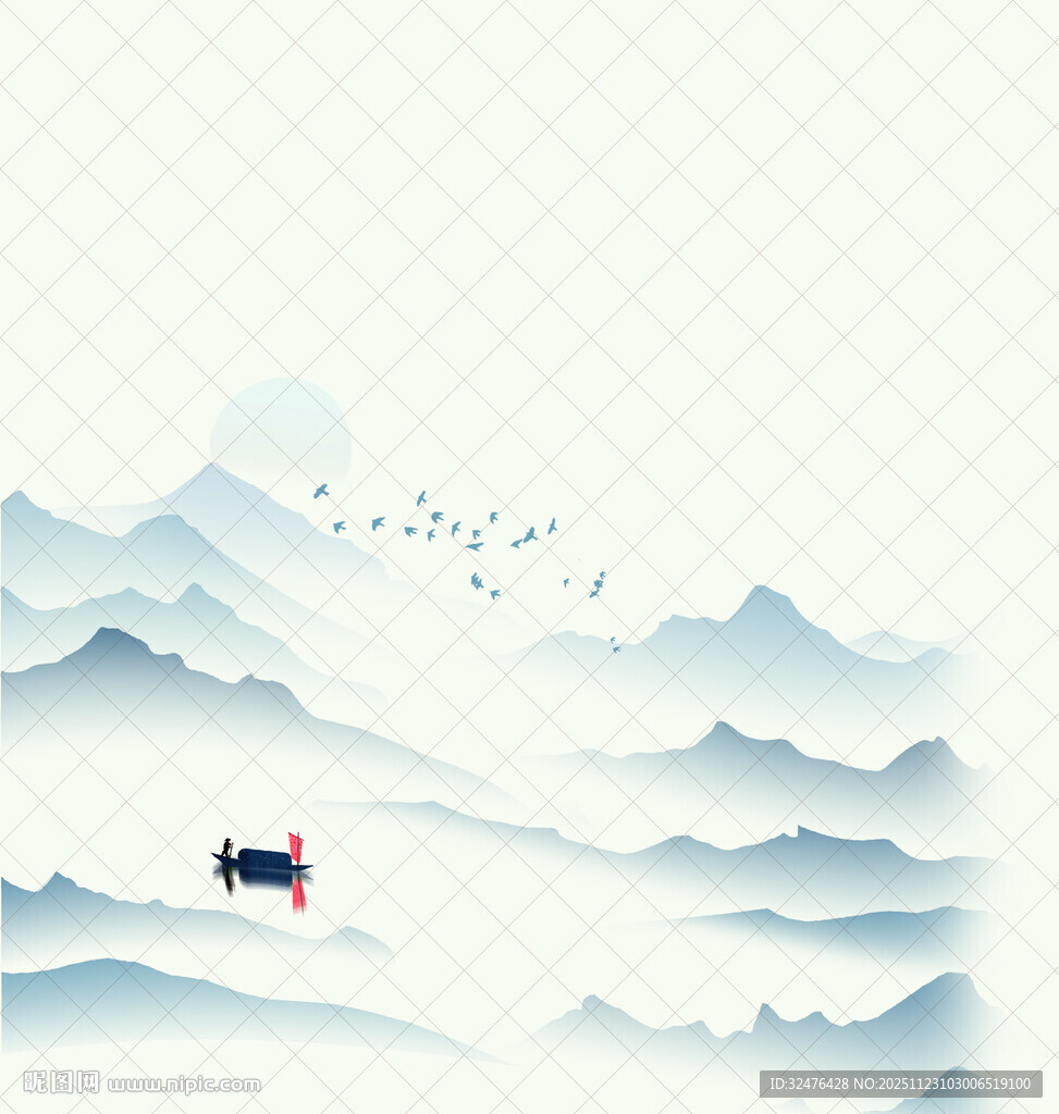 水墨山水间的孤舟飞鸟