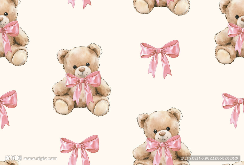 可爱小熊图案粉色蝴蝶结