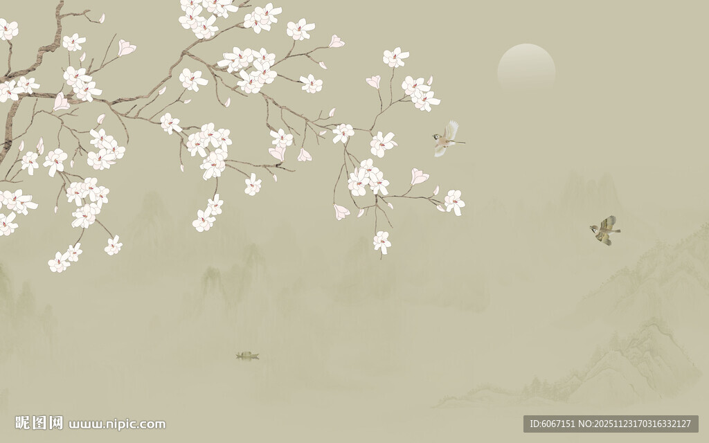 新中式工笔兰花花鸟画背景墙