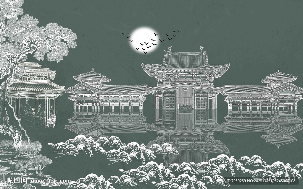 月夜下的中式古典园林景观