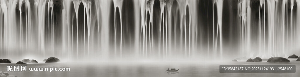 招财瀑布山水画