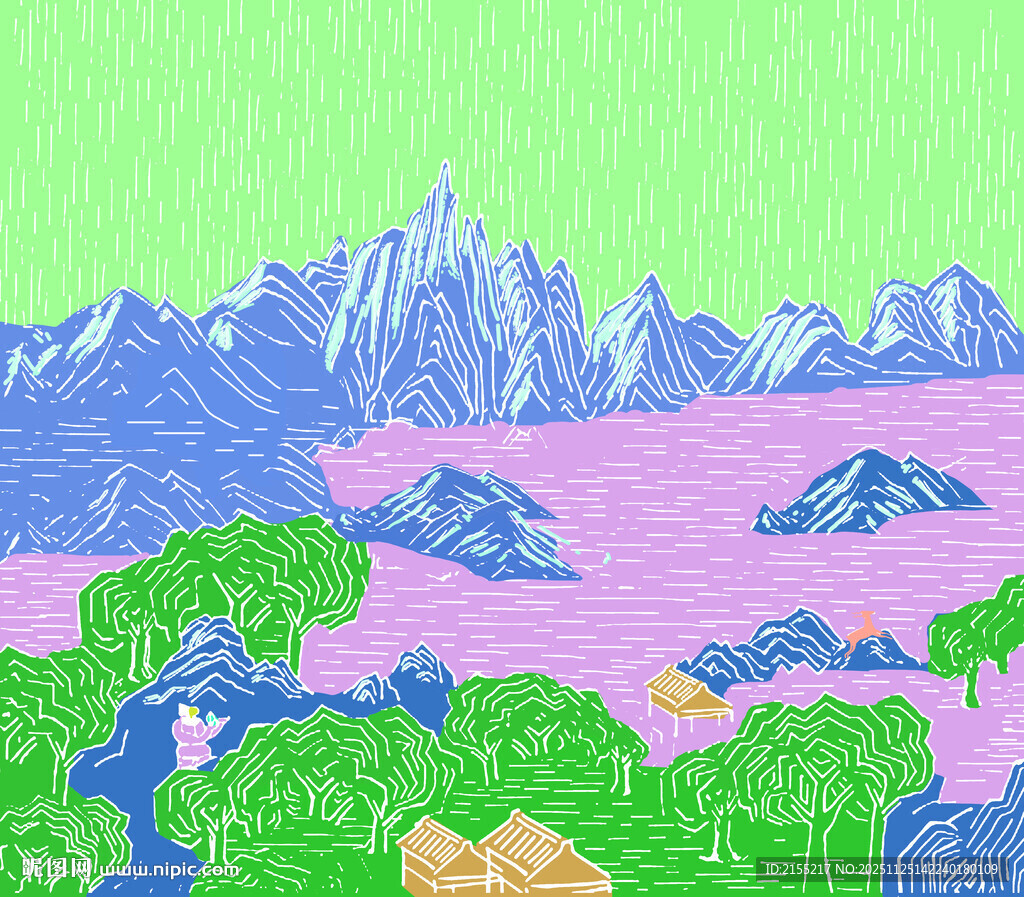 国风 手绘山水风景手绘插画