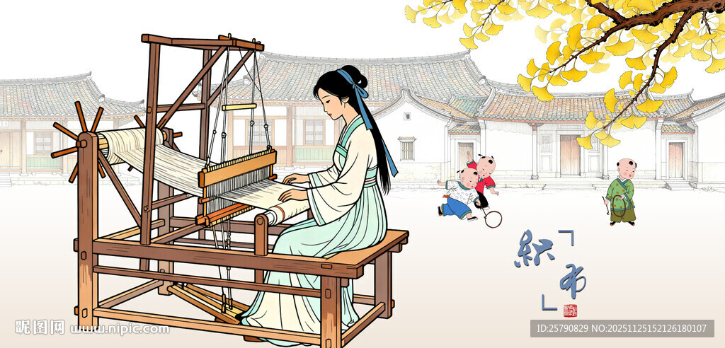 古代女子专注织布场景