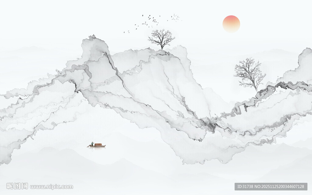 新中式抽象线条水墨山水画背景墙