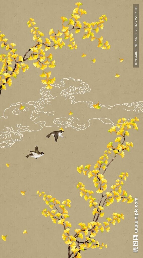 新中式手绘工笔银杏祥云图