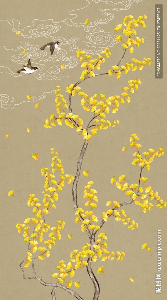 新中式工笔手绘银杏祥云花鸟图