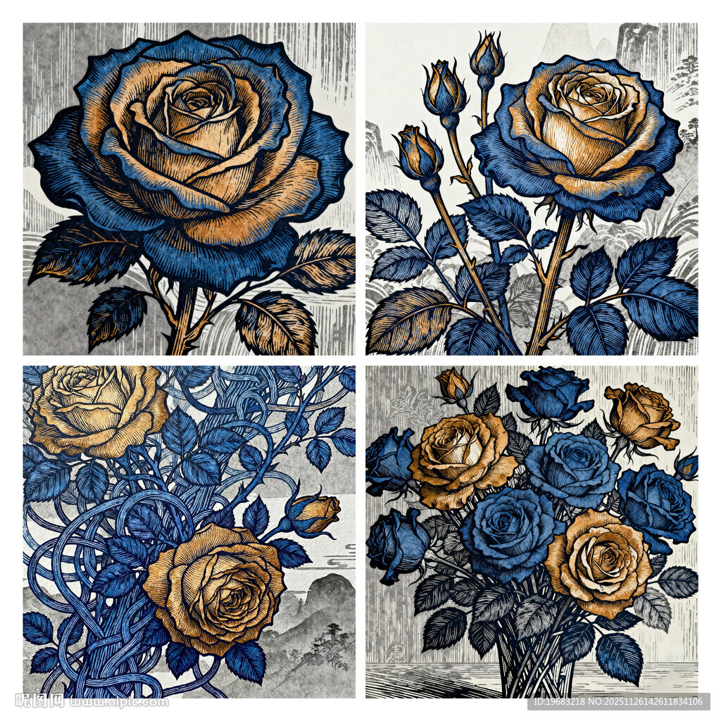 蓝金色调花卉装饰图案