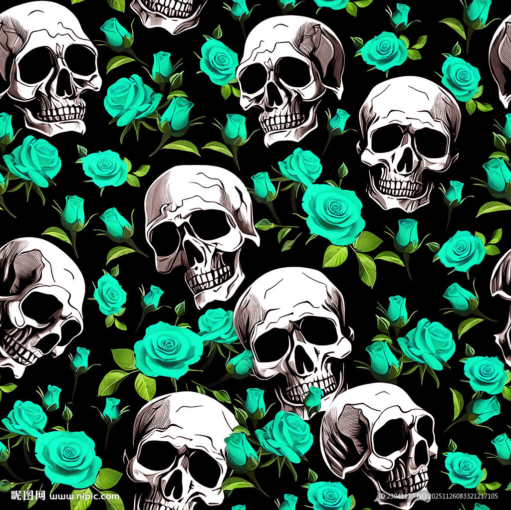 骷髅与玫瑰的暗黑图案