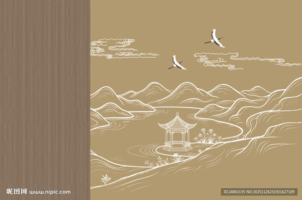 新中式楼阁皇宫山水刺绣背景墙