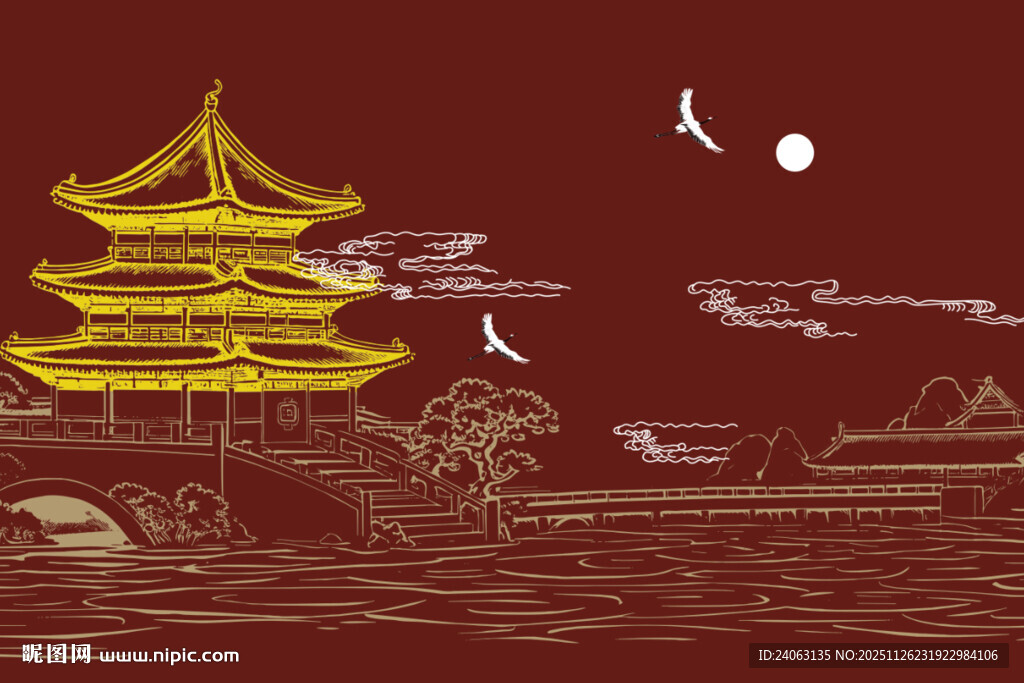 新中式楼阁皇宫山水刺绣背景墙