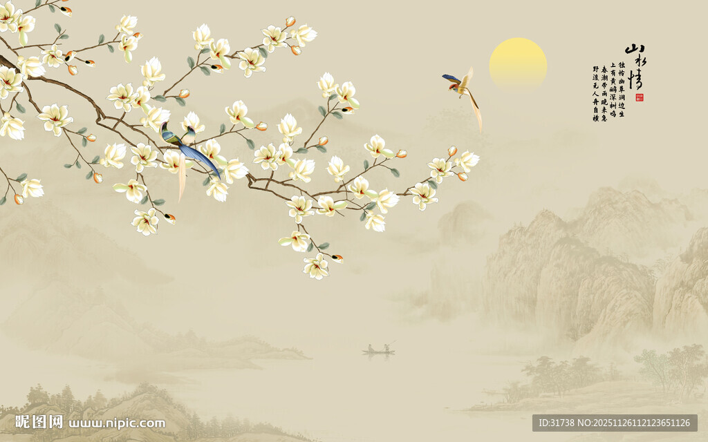 新中式工笔花鸟画背景墙壁画