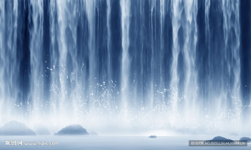 流水生财瀑布山水画背景图